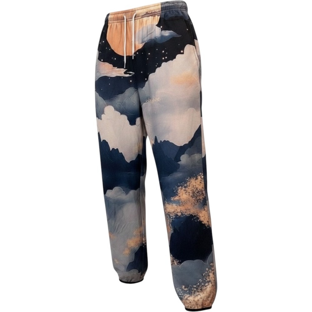 Modern Bohemian Harem Drapey Pants Lounge-Ready Abstract Landscape Print Size M
